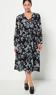 J Jason Wu Long Sleeve Chiffon Duster Dress Women's Medium Black Blue Floral