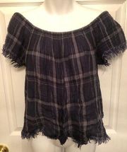 LUCKY BRAND Sz M Fringe Trim Short Sleeve Crop Off Shoulder Swing Top Blue Plaid