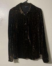 Boston Proper Boho Silk Velour Cardigan Womens Medium Gold Leopard Print Button