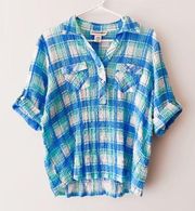 Cathy Daniels Women's Blue Multi Plaid Crinkle Short Sleeve Shirt Top Size XXL