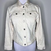 Chico's Jean Jacket SMALL Cream Embroidered Button Front Floral Denim Satin Trim