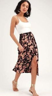 Free People Retro Love Black Floral Print Button Front Midi Skirt