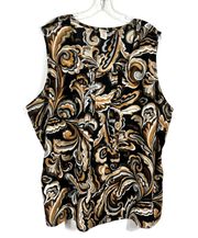 Woman Brown Paisley Swirl Pattern Pleated Front Sleeveless Blouse Plus