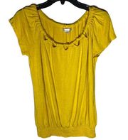 John Paul Richard Shirt Womens Medium Yellow Knot Neckline Short Sleeve Rayon