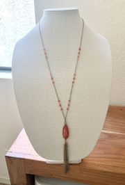 Long Silver Chain Red Pedant W Tassel 