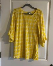 ESCAPADE Boho Bright Yellow Coastal Bell Sleeve Tunic Top Size Large