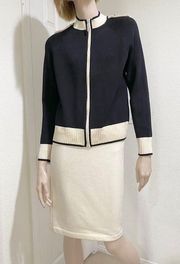 Vintage ST. JOHN Black/ Ivory Cream Wool Blend Jacket Skirt Set 2/S