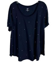 Crown Ivy Plus Size 1X Top Navy Blue All Over Pearls Beaded Short Sleeve Tee 414