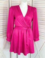 Express Satin Jacquard Faux Wrap Tie Waist Dress Raspberry Pink Large
