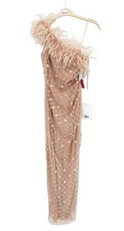 Mac Duggal 68139 Floral Sequin Feather Trim One-Shoulder Sheath Gown Size 4