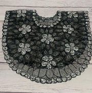 Vintage Beaded Shawl Stole Collar Black Silver Lace