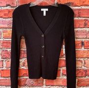 Black Ribbed  Retro Button Up Long Sleeve Top