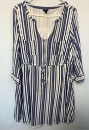 Torrid Striped Linen Lined U-Neck Roll Tab Sleeve Midi Dress White Blue Size 2xl