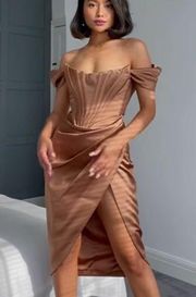 NWOT  Loretta satin off shoulder dress size xs- Toffee