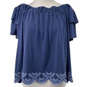 Alya Blue Embroidered Hem Off the Shoulder Top