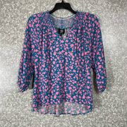 Bobeau Blue & Pink Floral Boho Peasant Blouse - Size Small - 3/4 Balloon Sleeves