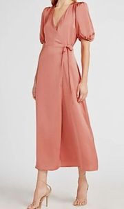 Satin Puff Sleeve Belted Wrap Maxi Dress NWT