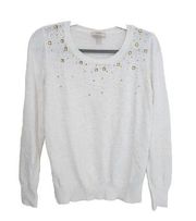 LOFT Embellished Jewel Pullover Sweater Womens L Crewneck Knit Off White