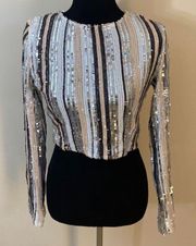 Striped Sequin Long Sleeve Cropped Shirt 