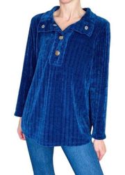 . Blue Velvet Ribbed Casual Sweatshirt