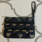 LeSportSac black with gold hearts 3-ZIP COSMETIC wristlet travel bag