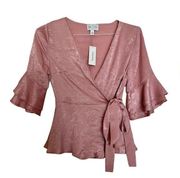 Jun & Ivy by Francesca’s Shiny Satin Ruffle Peplum Wrap Blouse Top Small NWT