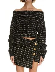 Balmain Off the Shoulder Metallic Tweed Crop Sweater in Black 42 8 10 New Womens