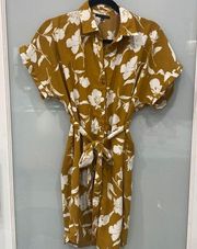 Staccato Women's Floral Yellow Mustard White Flower Button Down Tie Dress Sz S