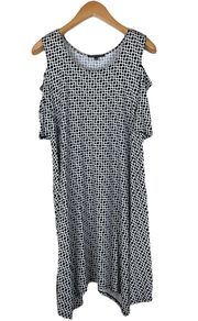 Size Large Sharkbite Hem Dress Black Ivory Cold Shoulder Stretch