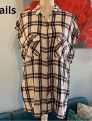 Rails Women Tunic Top Sz L Black White Plaid Button Down Flannel Short Sleeve