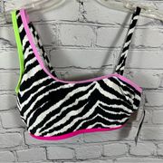 California Waves Juniors’ Printed Asymmetric Bikini Top Black Pink Lime L NWT