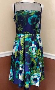 NEW London Times ModCloth Blue & Green Floral Pleated Sheer Yoke Cocktail Dress