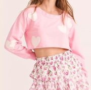 LoveShackFancy Angelou candy pink cropped white heart patch sweatshirt XS