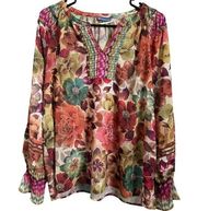 NEW Democracy Womens Blouse Size 1X Floral Polyester Sheer Multicolor Pleated