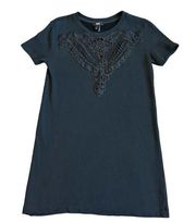 Paige Black Short Sleeve T-Shirt Dress Mini w/ Embroidery Size Small Women's