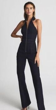 Reiss Pennie Denim Halter Jumpsuit Wide Leg Neck Open Back Indigo Size 6