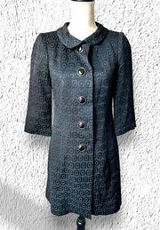 Milly Black Jacquard Peter Pan Collar 3/4 Sleeve Wool Blend Coat - 2