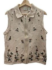 Vintage 90s Beaded Embroidered Floral Sweater Vest Beige Size Medium