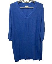 J. Jill Women Cornflower Blue V-Neck Linen Sweater Tunic Top 3/4 Sleeve Size LP