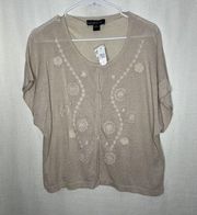 NWT August Silk Embroidered Cardigan Extra Large Cream Flowers Linen Blend