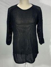 Jeanne Pierre Crew Neck Black Open Knit 3/4 Sleeve Sweater Size XL