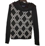 Ann Taylor Italian Merino Wool Argyle Plaid Cowl Neck Sweater Black White Small