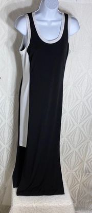 Stretch Knit Tank Dress with Contrast Slimming White Side Stripes