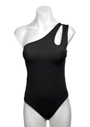 ZARA  Black Asymmetrical One Shoulder Fitted Cut Out Scuba Bodysuit Top Size L