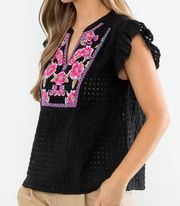 THML women's black pink embroidered flutter sleeve top size XS NEW