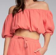 ELAN Coral Off The Shoulder Cropped Crop Top Small Puffy Sleeves NWT
