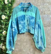 Free People  FP Movement Cropped Tie Dye Sheer Mesh Jacket Aqua Mint Blue Size M