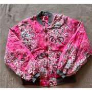 FREE PEOPLE Daytrip Pink Floral Paisley Bomber Jacket Quilted Lining SMALL