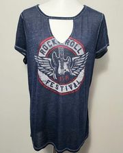 Rock & Republic Navy Festival Burnout Cutout Choker Short Sleeve Tee Size Large