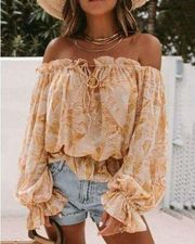 Dress Forum Meet Me In The Tropics Top Sheer Floral Apricot Ballon Sleeve Blouse